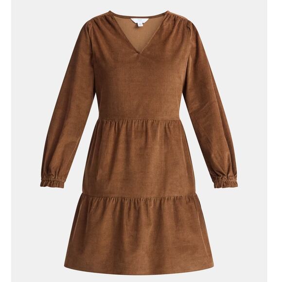NEW Women's Tiered Corduroy XL Mini Dress with Pockets Long Sleeve WARM COFFEE - Picture 1 of 4